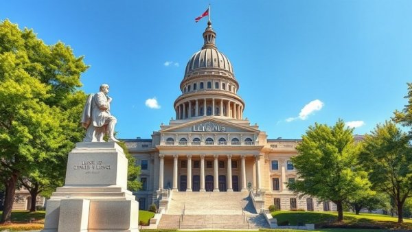 Illinois State Capitol building with Abraham Lincoln statue.
