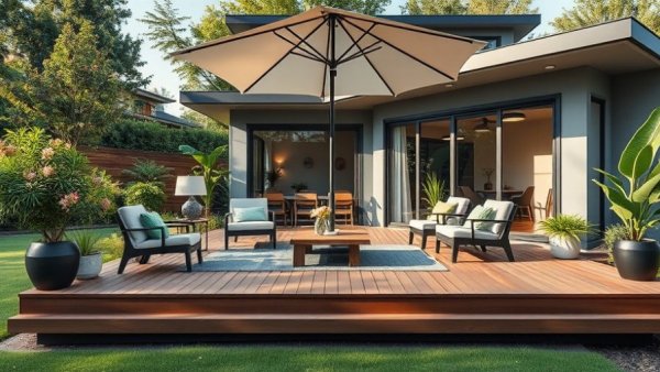 Elegant ground level deck design with seating and umbrella in a backyard.