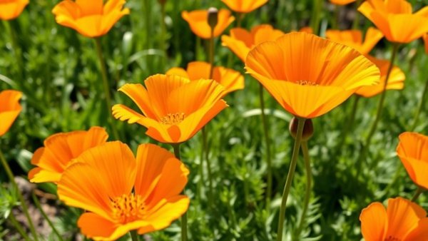 Bright orange poppies in Southern California landscape ideas.