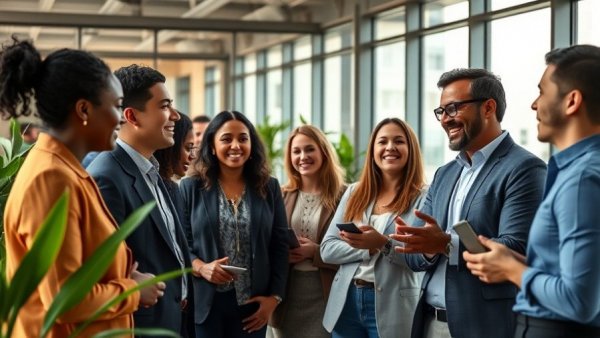 Informal discussion among diverse group of professionals in open office.