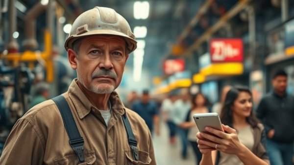 Blue-collar hiring India: Industry worker and city woman contrast.