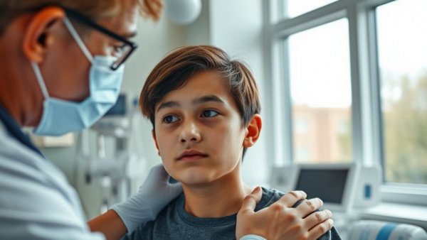Healthcare professional examining young patient in modern hospital setting.