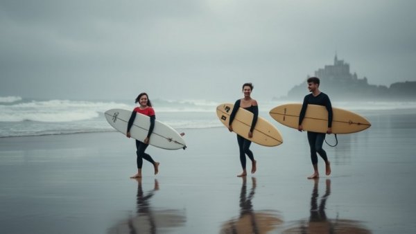 Surfers at Matosinhos Beach with overcast skies and calm waves.