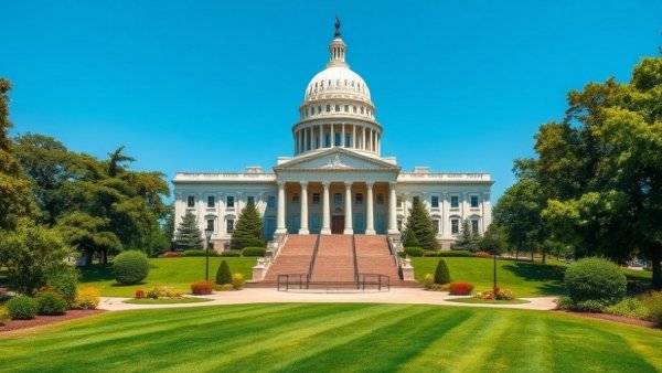 Minnesota State Capitol under clear sky with lush gardens