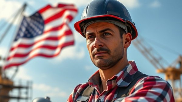 Worker misclassification in construction depicted with a worker and American flag.