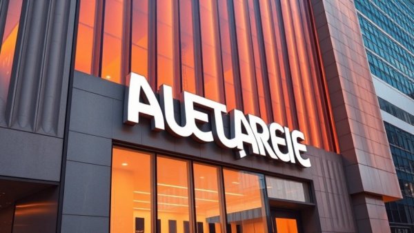 Modern architectural facade with bold orange text.