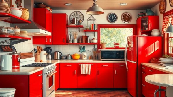 Vintage home design trends in a retro kitchen with red cabinets.