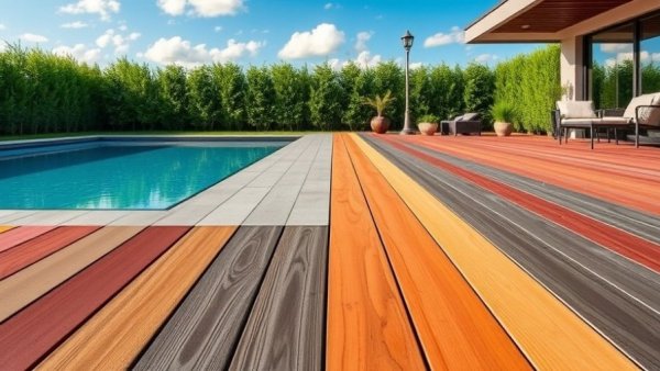 Realistic composite decking samples by a modern pool.