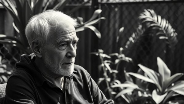 Elderly man with thoughtful expression outdoors near foliage.