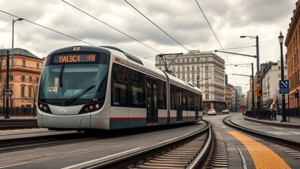 Long Beach Metro train at a curve under overcast sky.