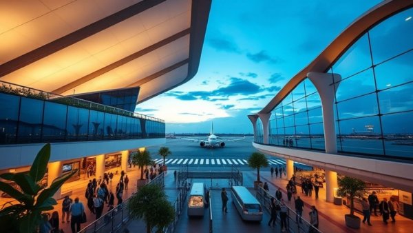 O'Hare Concourse D Expansion at dusk with modern architecture.