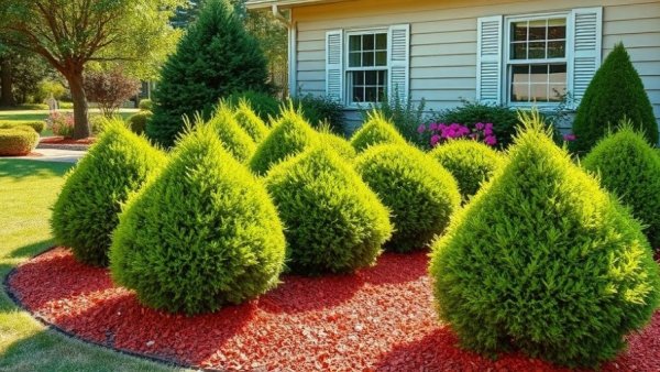 Garden with bright red mulch for weed control.