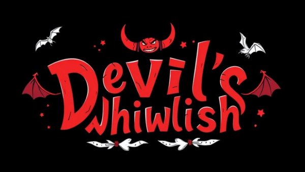 Whimsical graphic design with devilish red text elements.