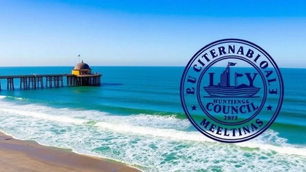 Huntington Beach City Council Meeting announcement with pier view