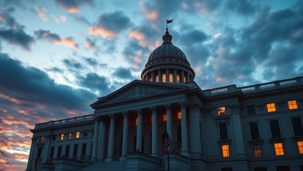 United States Treasury building at dusk with dramatic sky.