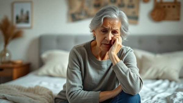 Elderly woman in distress on bed, symbolizing Alzheimer's agitation treatment.