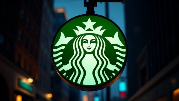 Starbucks logo glowing in a snowy urban setting.
