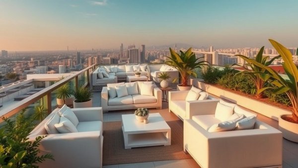Elegant roof terrace decor with sofas and greenery, city backdrop.