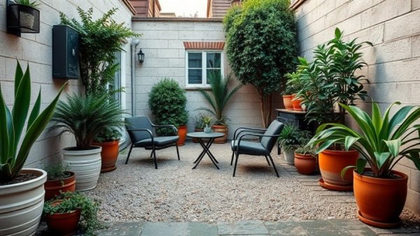 Charming gravel garden patio with potted plants and seating.