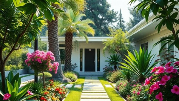 Mid-century modern outdoor design with lush green garden and sleek architecture.