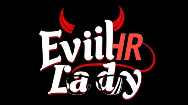 Stylized text 'Evil HR Lady' with devil motifs and glasses, black background.