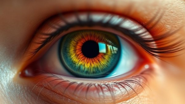Close-up of a vivid green eye with an orange iris related to geographic atrophy.
