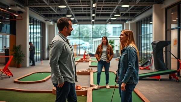 Casual scene at indoor playground mini golf in Surf City.