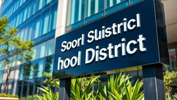 School district sign outside modern building, relevant to Teachers Union School Board Elections.