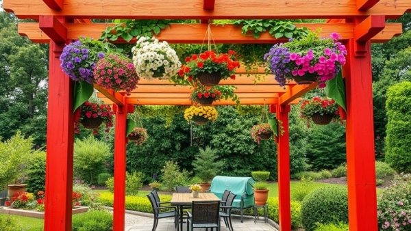 Creative pergola design in a lush garden setting with colorful flowers.