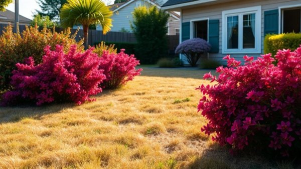 Preparing your lawn for summer: a sunny backyard garden scene with dry grass and lush greenery.