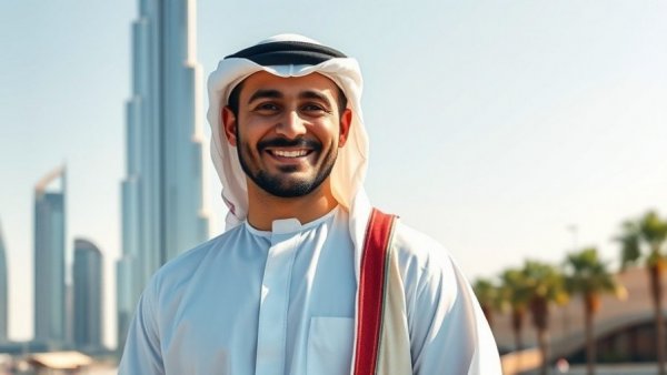 Middle-Eastern man near Burj Khalifa illustrating modern work ethic.
