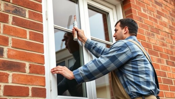 Installing windows in brick homes: worker sealing window frame.