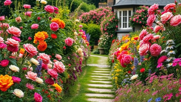 Colorful cottage garden with natural weed control ideas.