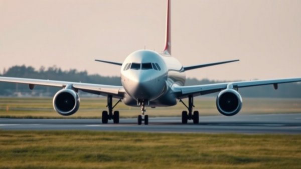 Airplane taxiing on runway, vibrant red and white design