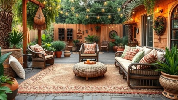Boho Chic Outdoor Seating Area Design Ideas in a lush garden setting.