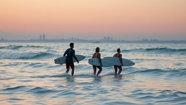Three surfers entering ocean with boards at dusk, serene city skyline