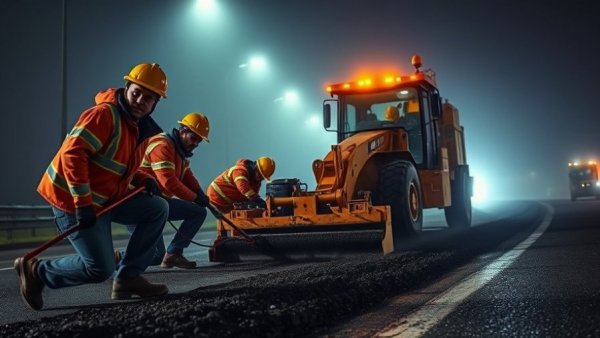 Fox Group construction workers at night road repair site with machinery.
