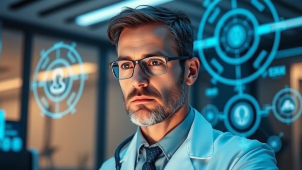 Doctor using AI hologram interface in healthcare regulation context.
