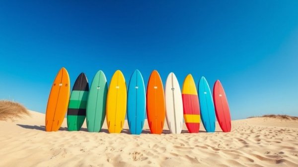 Vibrant surfboards on sandy beach for summer surf essentials.