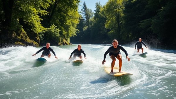 Surfers on Eisbach river practicing on waves, sunny day.