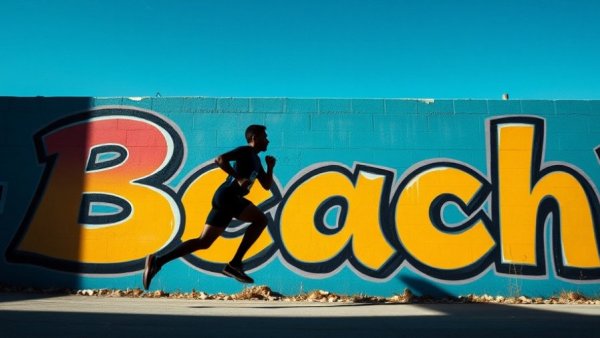 Silhouette runner in front of beach graffiti wall.