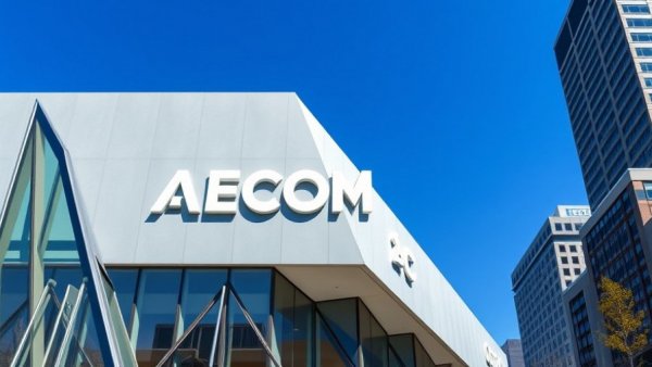 AECOM building facade showing geometric architecture in bright sunlight.