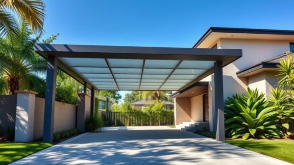 Covered carport driveway design with modern architecture and green surroundings.