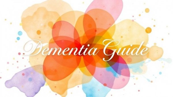 Colorful watercolor dementia guide cover with resources text.