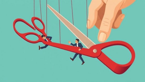 Abstract illustration of AI-focused restructuring layoffs depicted as hand cutting puppet strings.