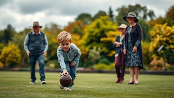 Newport Harbor lawn bowling club with focused boy and observers.