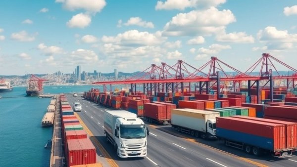 Zero-emission truck route in busy urban port with containers and skyline.