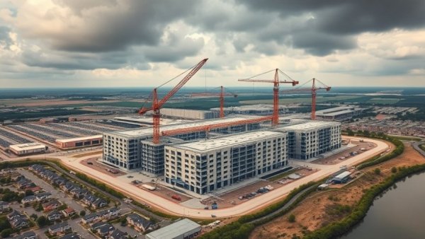 Aerial view of data center construction growth near residential area.