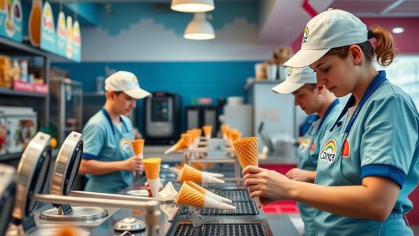Rainbow Cone workers preparing desserts in busy Laguna Beach shop.