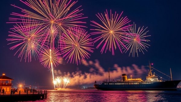 Long Beach fireworks show illuminating the waterfront with vibrant colors.
